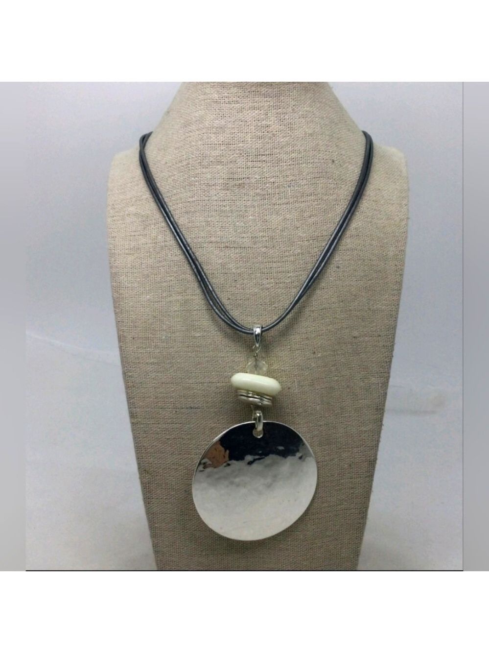 Chico's Silvertone Textured Medallion Pendant Dual Strand Necklace 20"